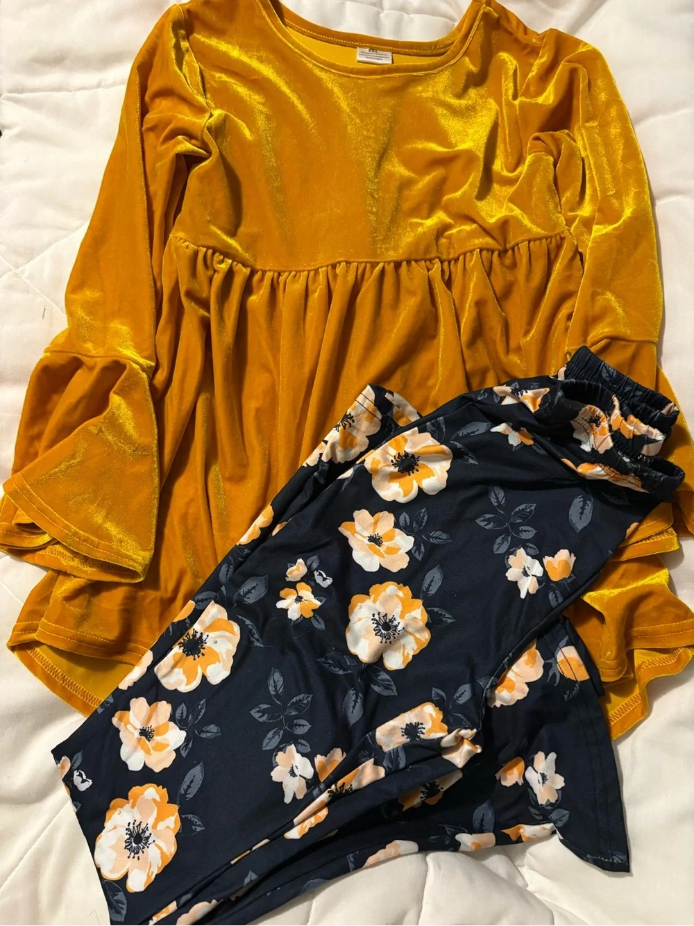 Girls Mustard Velvet Peplum Tunic with Navy Floral Leggings